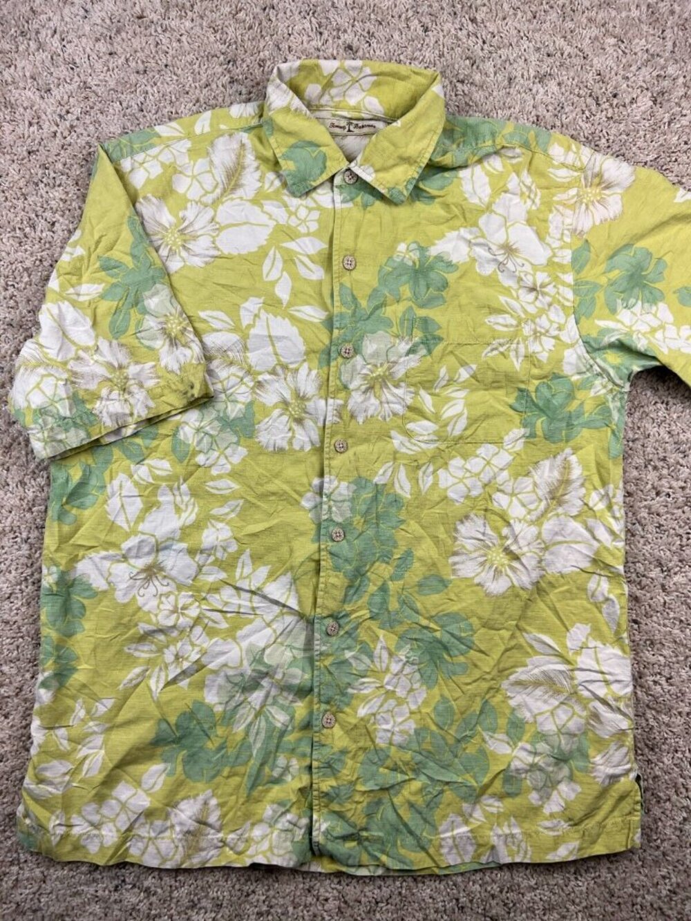 Tommy Bahama Button Up Camp Shirt Medium All Silk Short Sleeve Floral Green